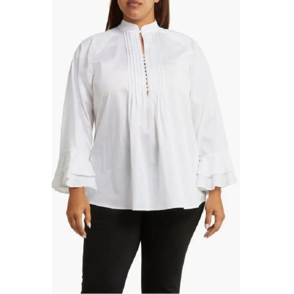 HARSHMAN Sz Large Nagisa Popover Blouse Top White Bell Sleeves  S-15